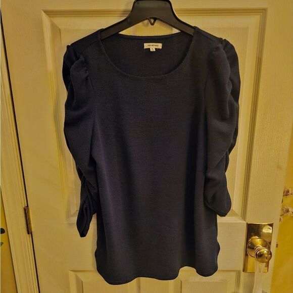 MAX STUDIO RUCHED SLEEVE NAVY SWEATER - Picture 1 of 5